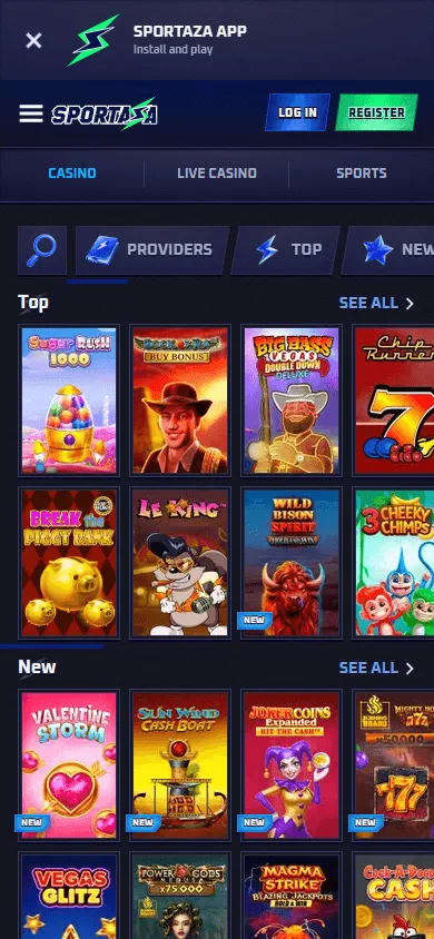 Sportaza Casino games page on a mobile device