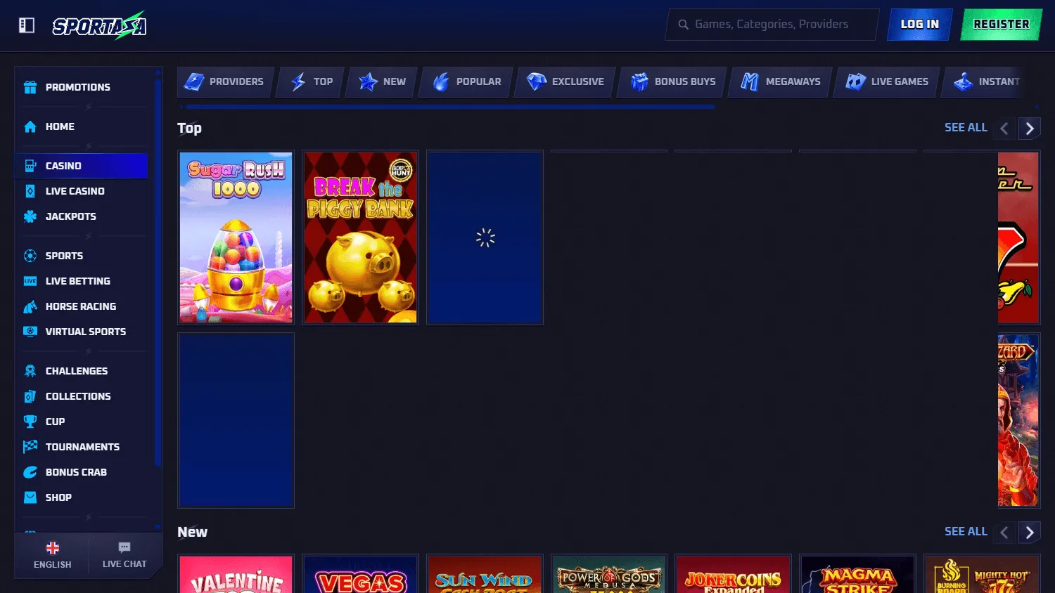 Sportaza Casino games page on desktop
