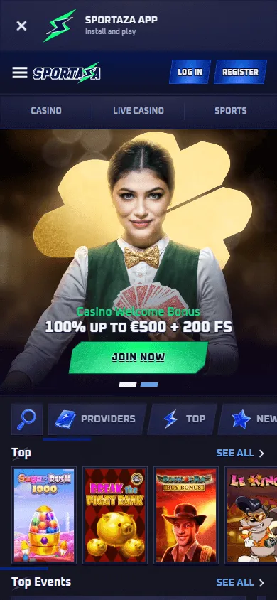 Sportaza Casino home page on a mobile device