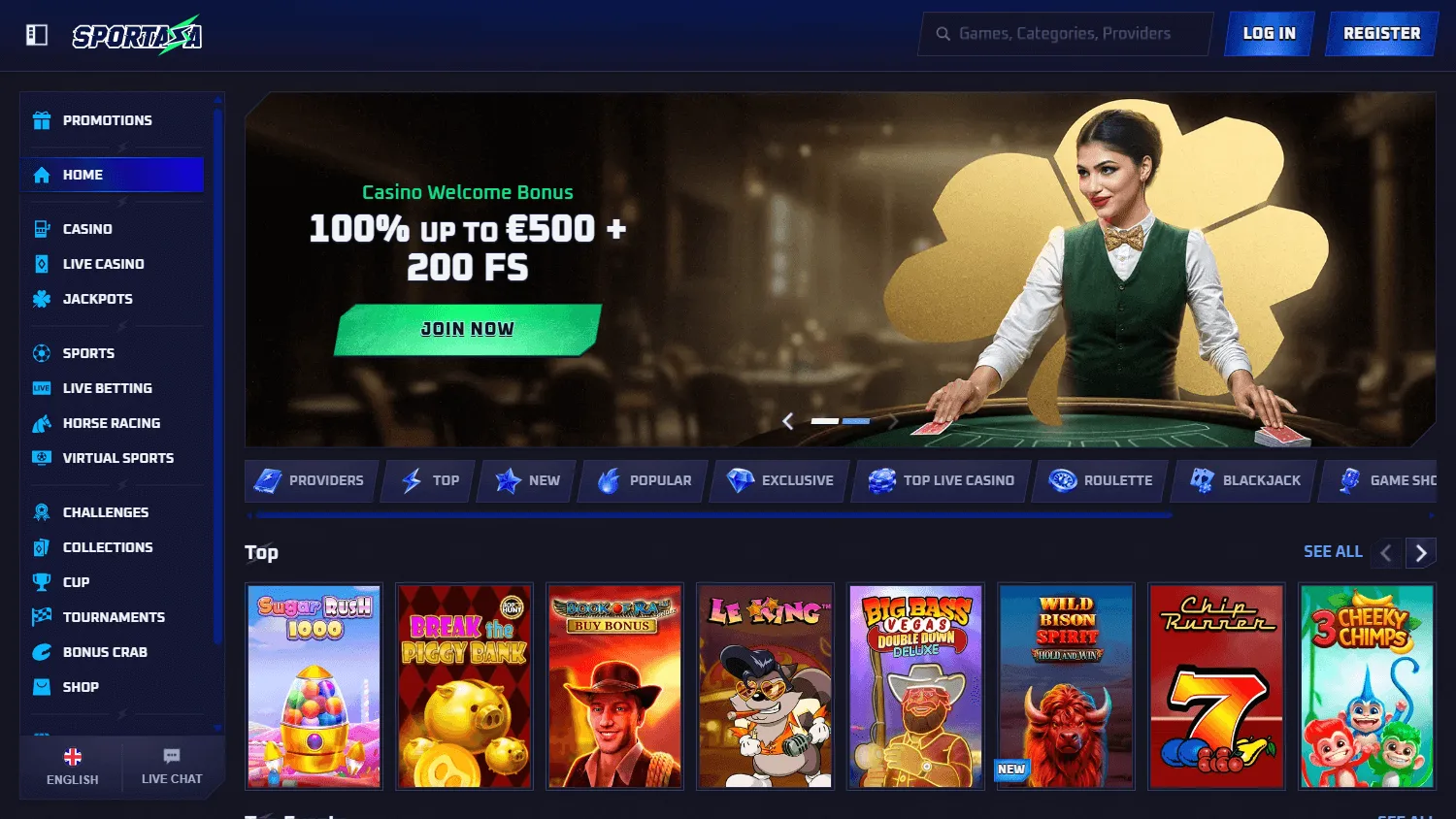 Sportaza Casino home page on desktop