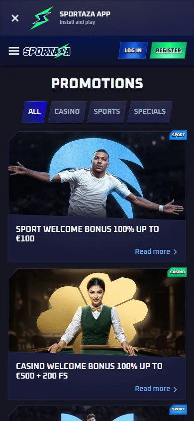 Sportaza Casino promotions page on a mobile device