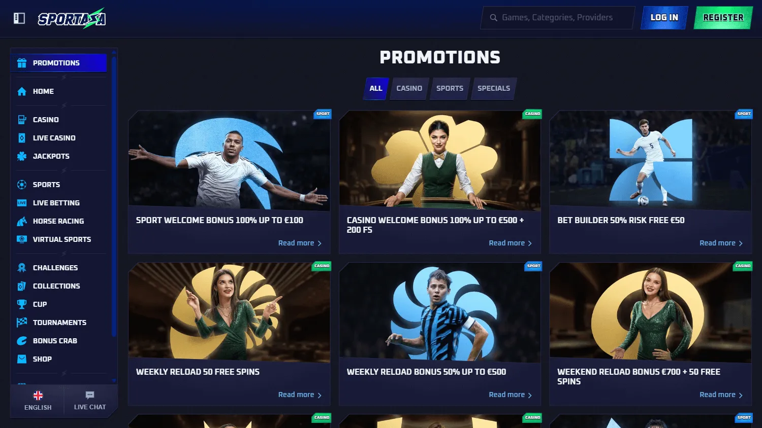 Sportaza Casino promotions page on desktop